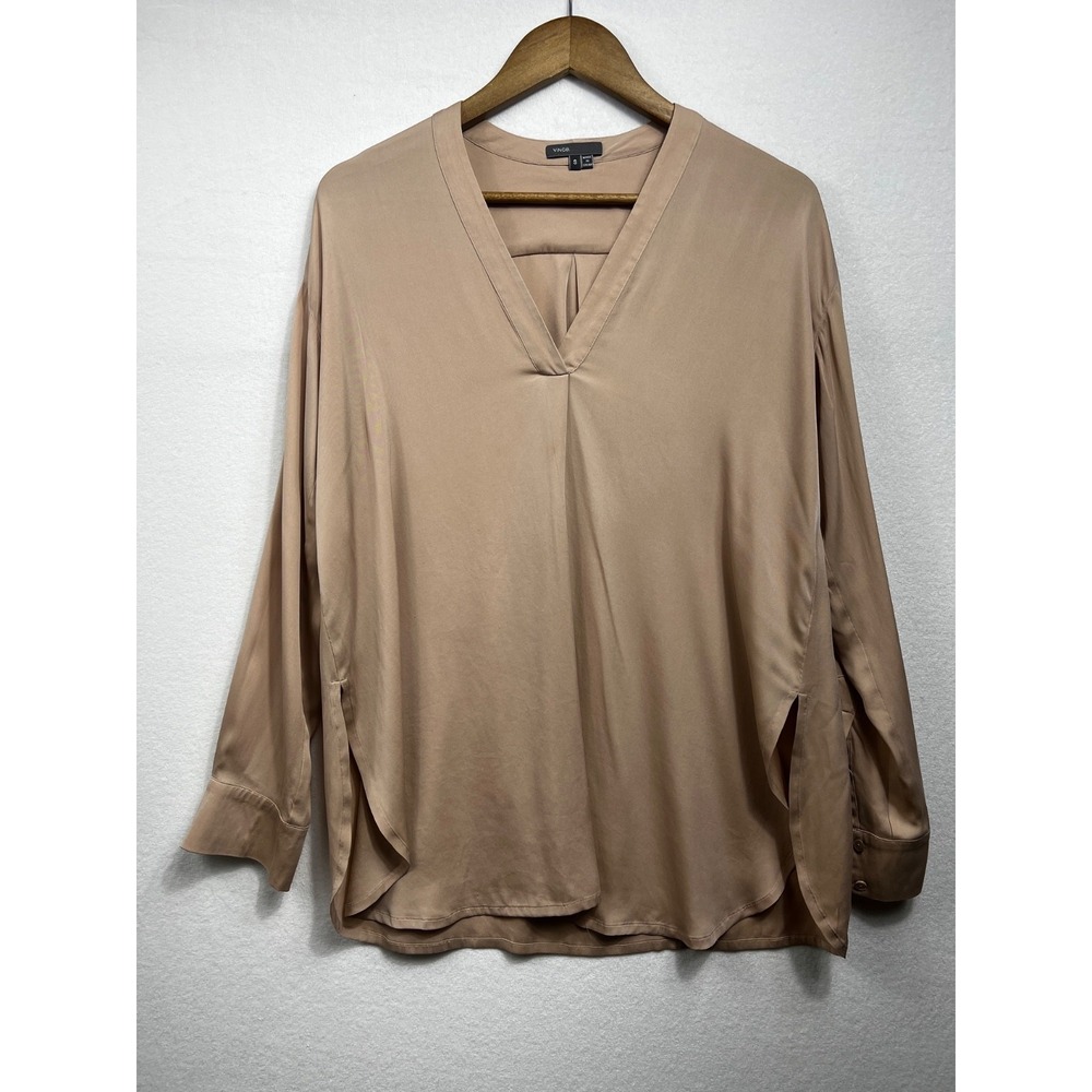Vince Band Collar 100%‎ Silk Tunic Blouse Size S in Mink Nude